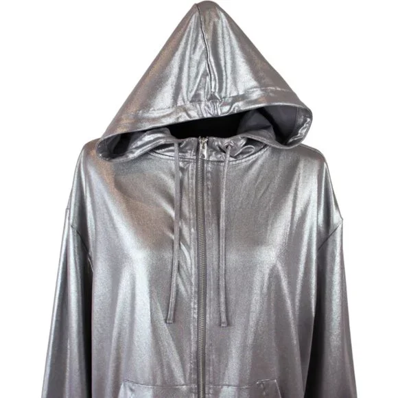 H&M Coachella Silver Sports Jacket Size Medium Zipper Hoodie Metallic D203 - Picture 6 of 14